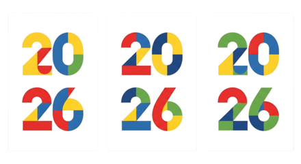 Three colorful designs displaying the year twenty twenty six in a geometric and modern style art format ai generative