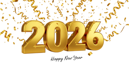 Golden year two thousand twenty six with confetti falling on a black background celebration design ai generative