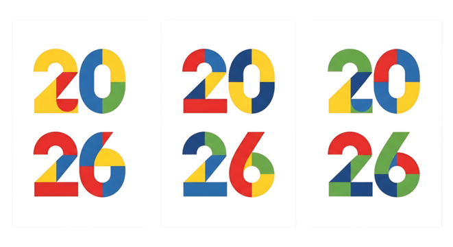 Three colorful designs displaying the year twenty twenty six in a geometric and modern style art format ai generative