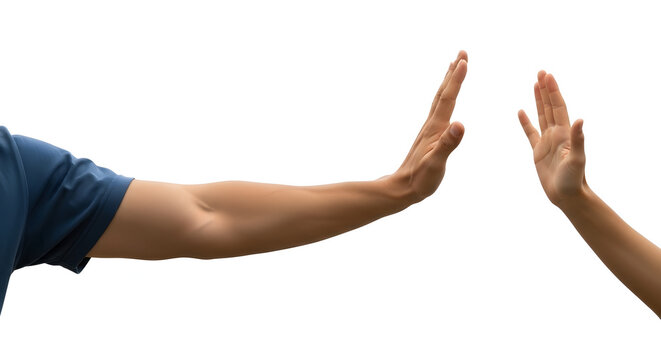 Two hands reaching out, a gesture of connection, welcome, or stopping a conversation, symbolizing communication and interaction