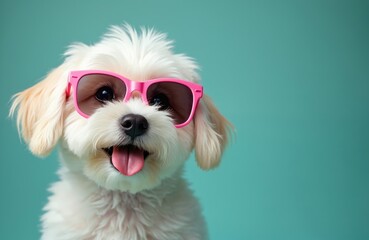Fluffy maltese dog with pink sunglass on blue solid color background. Cute puppy is a pet fashion star. Funny animal sticks out its tongue. Modern doggy poster design for advertisement.