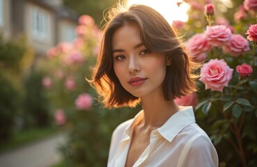 Naklejka premium Elegant woman poses near roses. Pretty girl wears white blouse in garden. Sunny day portrait features brunette lady with bob coiffure. Fashionable person attractive in flowers outdoor. Summer vibes.