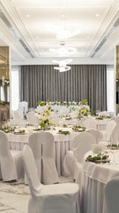 Decoration of a banquet hall. round table with a white tablecloth, table setting, white and green colors, flower arrangement, light space, rose, dahlia, anthurium, necklace, eustoma, cloth napkins