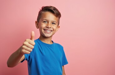 Happy boy shows thumb up gesture. Kid smiles broadly, recommends something. Young child in blue shirt poses against pink backdrop. Positive emotions concept. Children advertising promo photo.