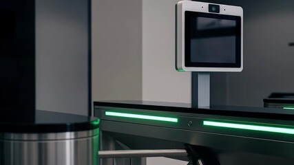 An automated turnstile with a facial recognition system guards access Modern architecture blends security tech with sleek gray tones in this indoor setting - Powered by Adobe