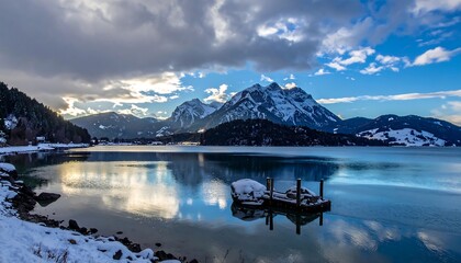 A serene lake reflects a vibrant sky dotted with clouds, overlooked by snowy mountains. A small wooden dock sits still in the foreground