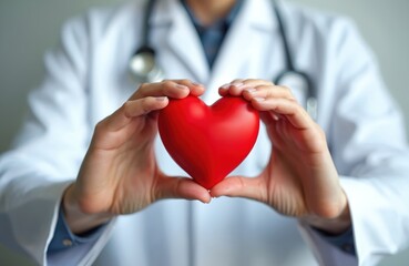Doctor holds red heart shape gently. Symbol of love, health, and care. Medical pro offers support for cardiac well-being and organ donation awareness.