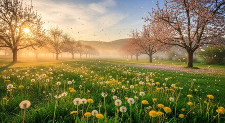 A sunlit spring meadow filled with blooming dandelions and wildflowers, surrounded by blossoming trees and soft morning mist, evoking renewal, tranquility, and the vibrant beauty of nature.

