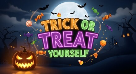 Happy halloween night with a spooky pumpkin and candy, with the text trick or treat yourself illuminated against a full moon and dark sky with bats flying