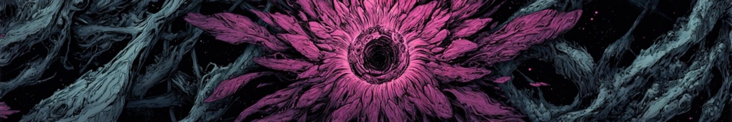 Stylized illustration of a complex organic structure with deep pink center and intricate blue-gray root-like filaments for background or abstract art.