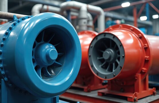 Two industrial blowers sit indoors. Heating system with burner housing is in plant. Blue and red industrial equipment is in a machinery room with pipes.