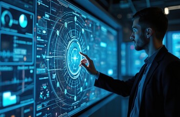 Man interacts with large digital screen. Uses touch to explore complex futuristic interface with data visualization. Tech environment shows sophisticated AI system. Photo suits companies advertising