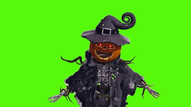 Funny pumpkin Jack-o'-lantern with skeleton body in old torn robe talking on green screen. Halloween 3D animation for greeting cards, invitations, posters, events, parties