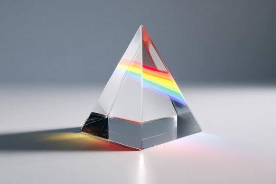 A clear crystal pyramid stands on a smooth surface, refracting light and creating a beautiful rainbow spectrum. Sunlight enhances the colorful display in a bright room - Powered by Adobe