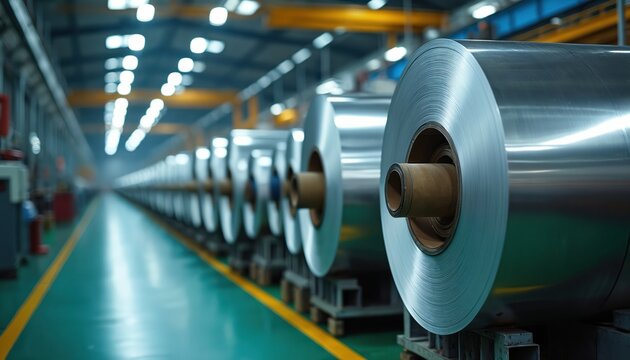 Shiny aluminum rolls lined up in factory reflecting overhead lights. Industrial manufacturing, production concept with metal coils on green floor with yellow lines. Rolls of aluminum placed on metal