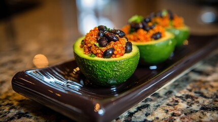Colorful avocado halves with toppings on elegant serving platter