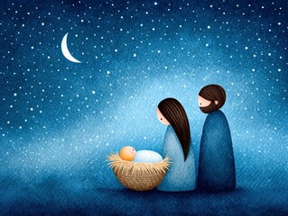 Watercolor depiction of the infant Jesus Christ in the cradle with the Virgin Mary and Joseph. The Star of Bethlehem. Nativity religious painting, drawing, and card. Christian Christmas.