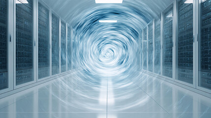 Symmetrical server room entrance with dynamic swirling visual effects, showcasing modern technology and sleek design, creating an immersive digital environment