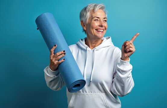 Joyful senior woman holds yoga mat pointing finger away. Happy old lady smiles at camera studio. Healthy sportswoman advertises fitness. Aged female shows concept. Exercise class concept.