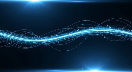A dynamic, glowing blue energy wave flows across a dark digital background, with swirling light trails and particles, symbolizing futuristic technology, data transmission, and innovation.

