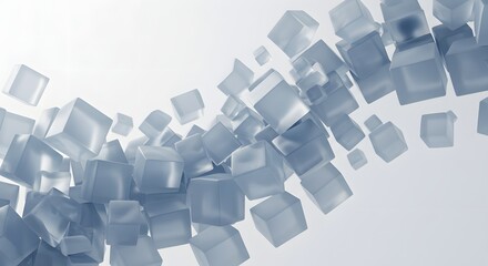 Abstract arrangement of translucent cubes floating against a white background in a wave formation
