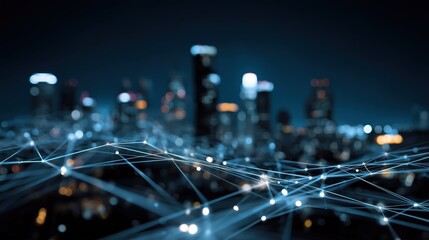 Blurred city lights with an overlay of glowing lines and connecting nodes representing global connectivity