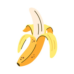Yellow peeled banana isolated on white. Cute banana in flat design. Tropical fruit.