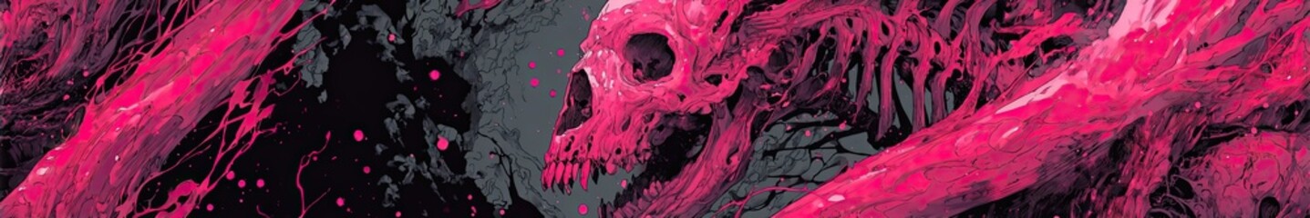 Pink skull and skeleton texture with abstract fluid art. Horror background with graphic splatter. Halloween or spooky concept.