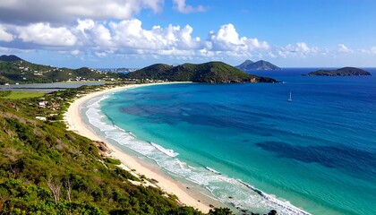 Obraz premium A scenic aerial shot of a beautiful coastline. Turquoise waters meet a sandy beach, with green hills and islands under a bright blue sky