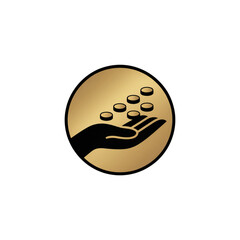 Black Silhouette Hand with Coins in a Golden Circle Icon money finance isolated on a transparent background