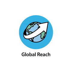 Blue circle with globe and white arrow showing global reach on black background world earth isolated on a transparent background