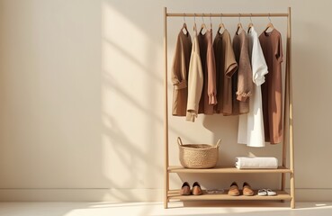 Capsule wardrobe concept in neutral colors displayed on wooden rack. Assortment of clothes on hangers. Shoes basket and folded towel are nearby. Sunlight and shadows add depth to minimalist scene.
