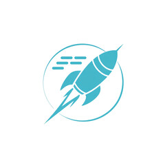 Blue rocket ship icon with exhaust trails inside a circle on a black background graphic design isolated on a transparent background