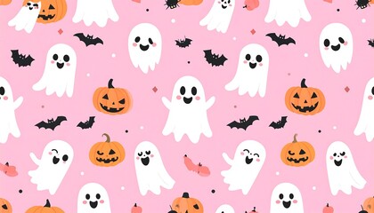 A playful, repeating pattern featuring smiling cartoon ghosts, carved pumpkins, and bats scattered on a light pink background, evoking a whimsical Halloween