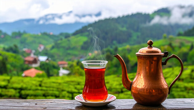 Steaming glass of traditional Turkish tea with copper teapot, overlooking lush green tea plantations and mountain landscape.	