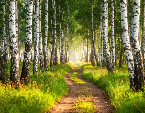 A tranquil forest scene of birch trees lining a path, with sunlight streaming through the canopy creating an inviting, serene atmosphere