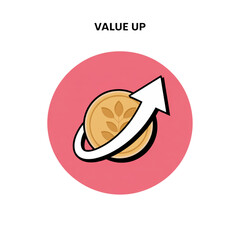 Coin with Plant Symbol and Upward Arrow in Pink Circle with Text Value Up currency money isolated on a transparent background