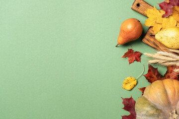 Pumpkin, fruits, spikelets and fallen leaves on color background.