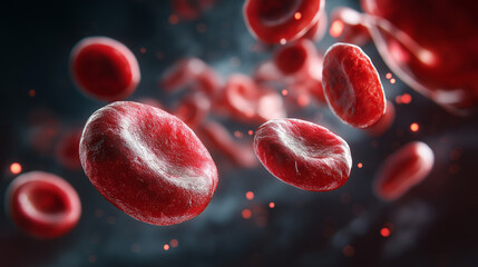 Fototapeta premium Red Blood Cells Under Microscope, 3D Medical Background, Blood Flow in Human Veins, Microscopic Healthcare Science and Anatomy Concept