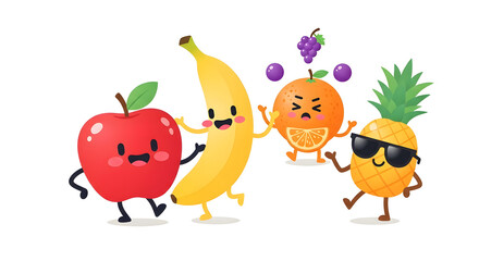 Fototapeta premium Cute cartoon illustration of happy fruits characters: a smiling apple dancing with a banana, orange juggling grapes, and a pineapple with sunglasses. Playful scene in a fruit market, bright pastel col