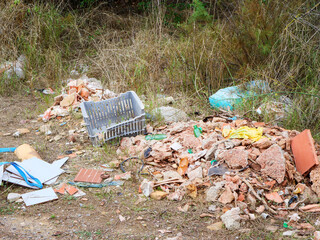 Oversized piles of trash and debris strewn across dirt area surrounded by tall grass and weeds. Items include discarded building materials and plastic waste, reflecting environmental neglect