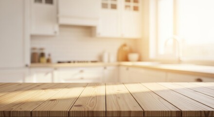 A sunlit wooden table in a modern, bright kitchen with soft natural light streaming in, providing a warm and inviting space ideal for cooking, dining, and gathering with family and friends.

