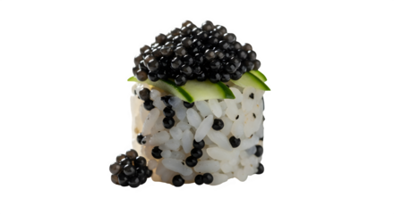 A gourmet sushi roll topped with abundant black caviar and thin cucumber slices, isolated on transparent background