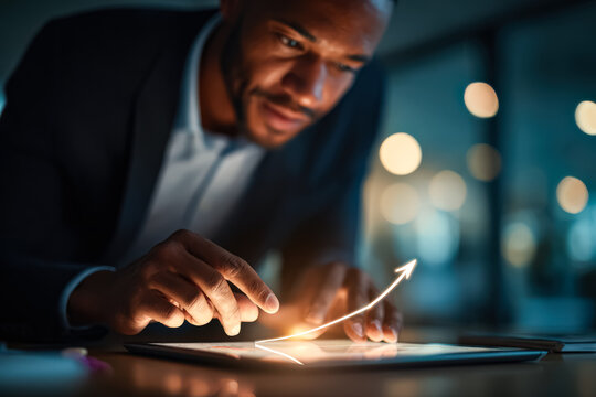 Business professional engages with tablet, illustrating growth trend in a modern workspace, featuring soft lighting and a dynamic atmosphere for creative ideas - Powered by Adobe