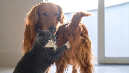 A playful scene of feline friendship. A grey and white cat reaches up to touch the tail of a large golden brown dog indoors. Sunlight streams in