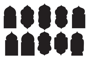 Ten black arched doorway forms showcase a mosque architecture against white background © Irin
