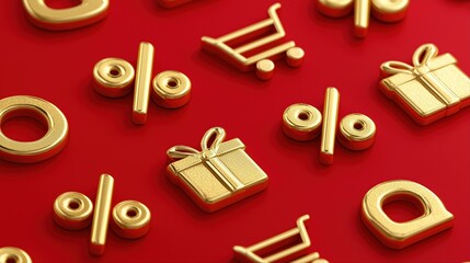 Golden shopping icons and symbols on red background featuring percentage and gift box