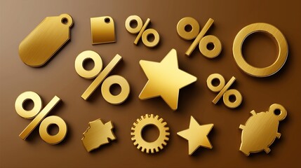 Assorted gold symbols on brown background: percent signs, stars, gears, tags, puzzle pieces