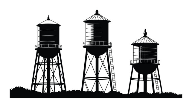 Three Silhouetted Water Towers Standing Tall Against a White Background with a Bushy Foreground water tank