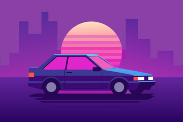 Vector illustration of small vintage cars and trucks driving on the road